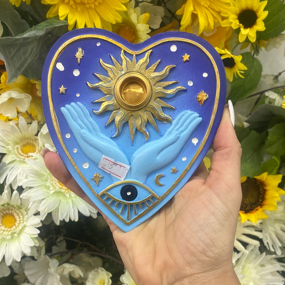 Blue heart prayer incense holder